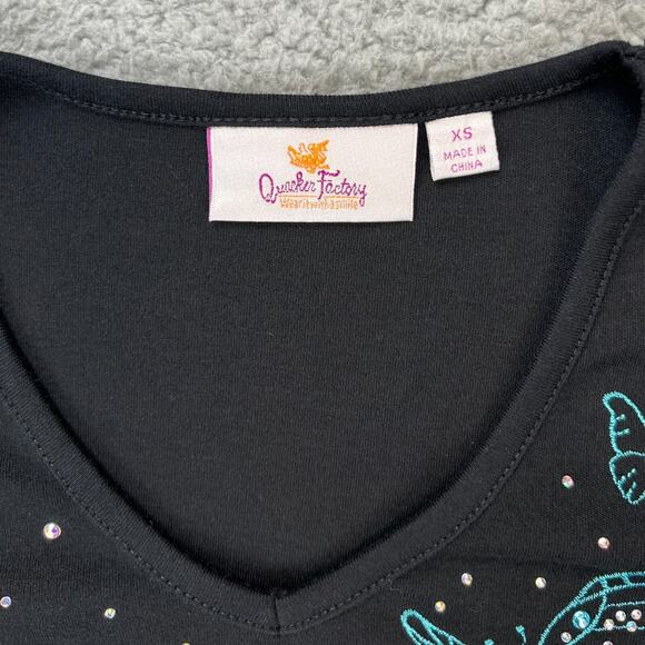 Quacker Factory Short Sleeve Pullover Shirt Black Blue Butterflies Size XS - Picture 2 of 8